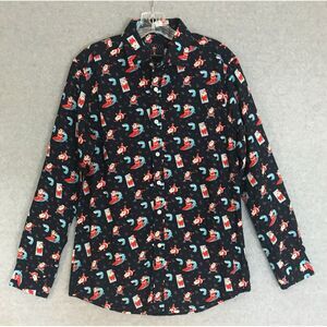 NEW!‎ Santa Surfing Christmas Shirt Mens Small Black Button-Up Long Sleeve NWOT